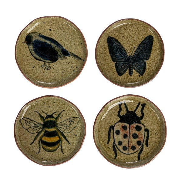 Small Stoneware Plate Set with Insect & Bird Designs (Set of 4)
